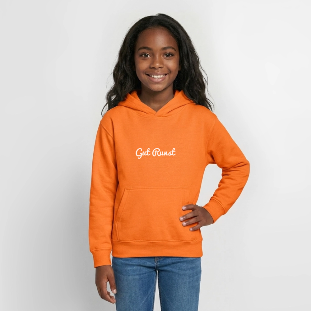 Rennsteig-Original Teenager-Hoodie orange mit Kapuze, Kängurutasche und „Gut Runst“-Schrift