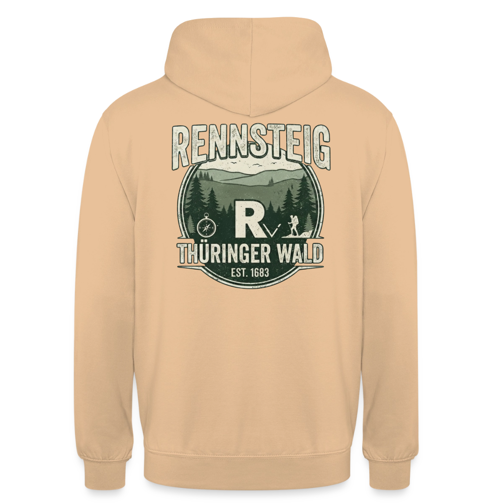 Unisex-Hoodie in Hellbraun mit großem Rennsteig-Print auf der Rückseite