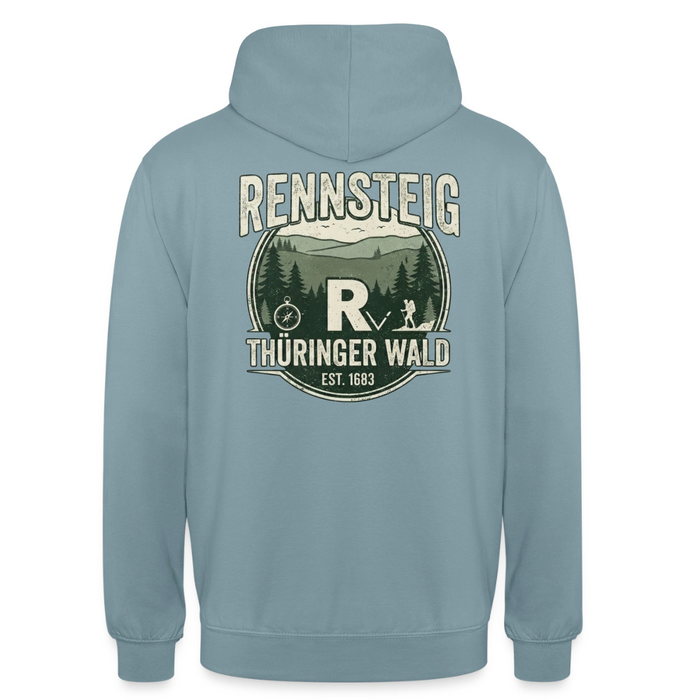 Unisex-Hoodie in Hellblau mit großem Rennsteig-Print auf der Rückseite