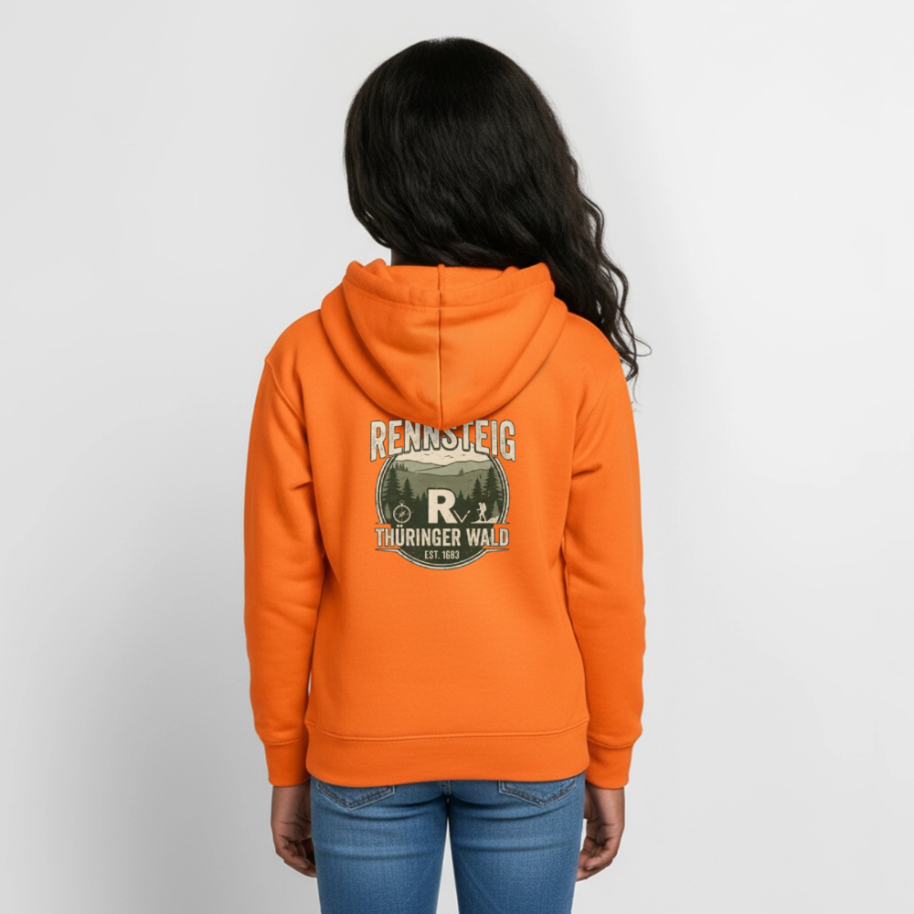 Teenager-Hoodie orange, Rückendruck mittig, Kapuze und Kängurutasche