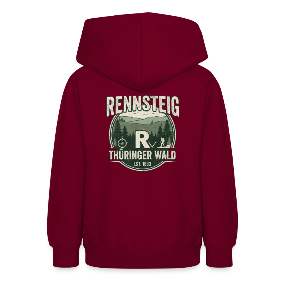 Kinder-Kapuzenhoodie bordeauxrot mit „RENNSTEIG“-Emblem auf der Rückseite