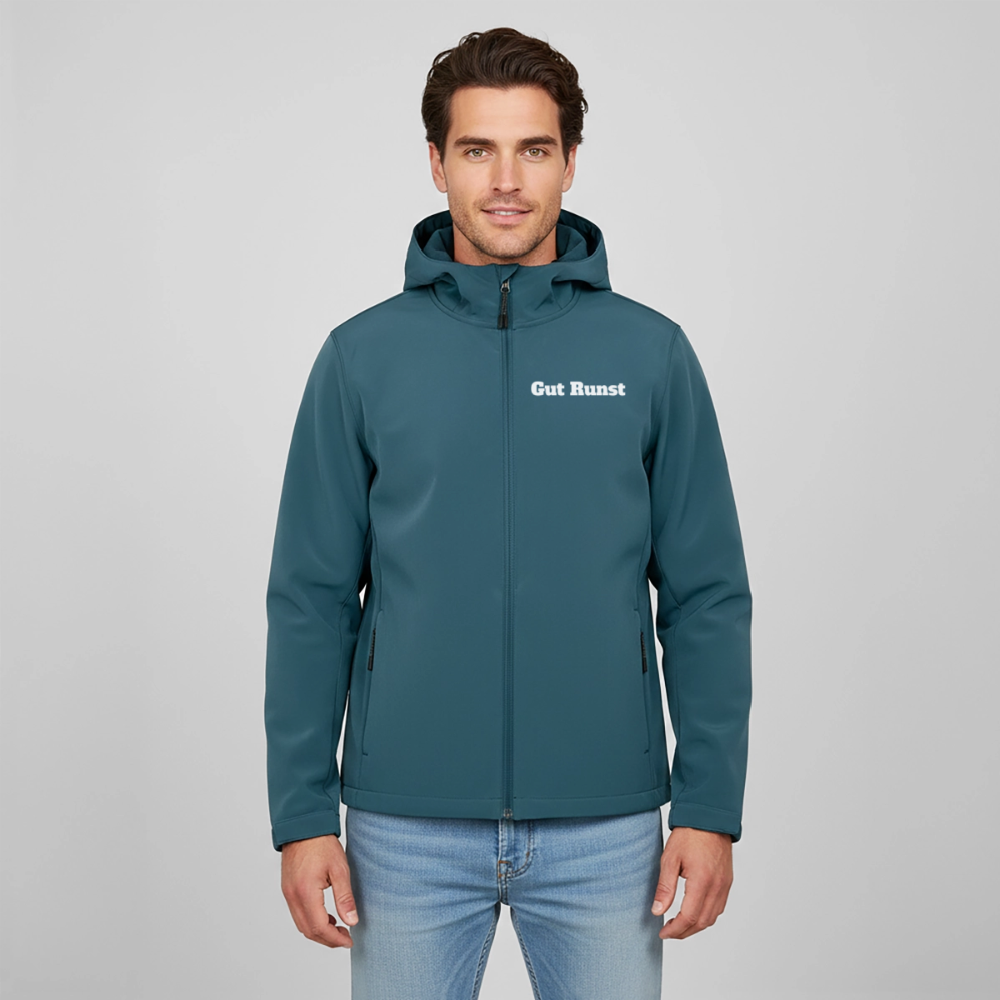 Softshelljacke mit Kapuze, dunkelpetrol, Frontzipper und Print „Gut Runst“