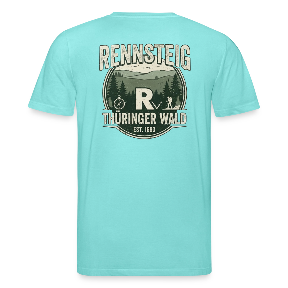 Hell türkisfarbenes Bio-T-Shirt mit großem Rennsteig-Logo „Thüringer Wald“ auf dem Rücken