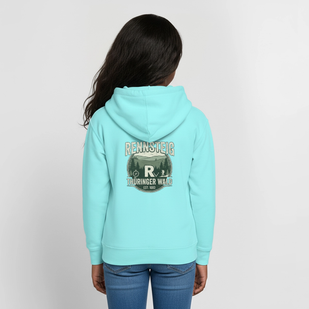 Teenager-Hoodie Türkis mit Rückenaufdruck „Rennsteig Thüringer Wald“ und Kapuze