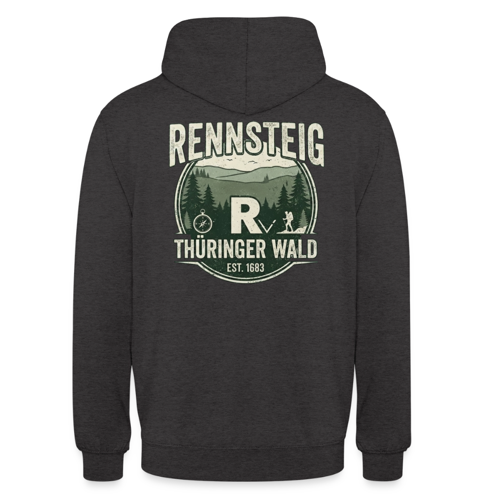 Unisex-Hoodie in Dunkelgrau mit Kapuze und großem Rückenprint „REN NSTEIG Thüringer Wald“.