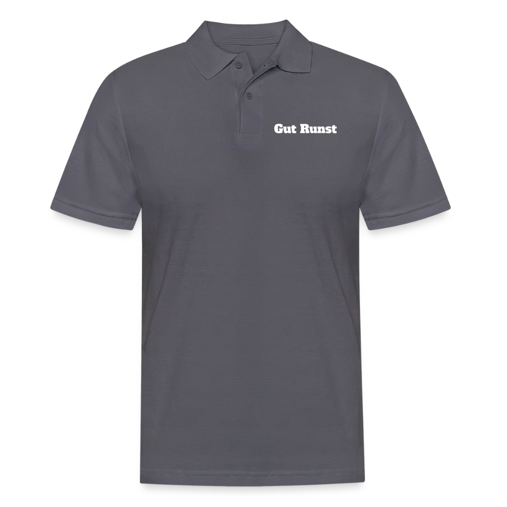 Herren-Poloshirt anthrazit mit Kurzarm und Knopfleiste, Brustlogo „Gut Runst“.