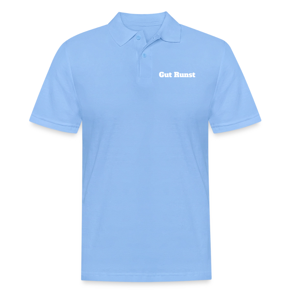 Herren-Poloshirt Himmelblau mit Kurzarm und Knopfleiste, Brustlogo „Gut Runst“.
