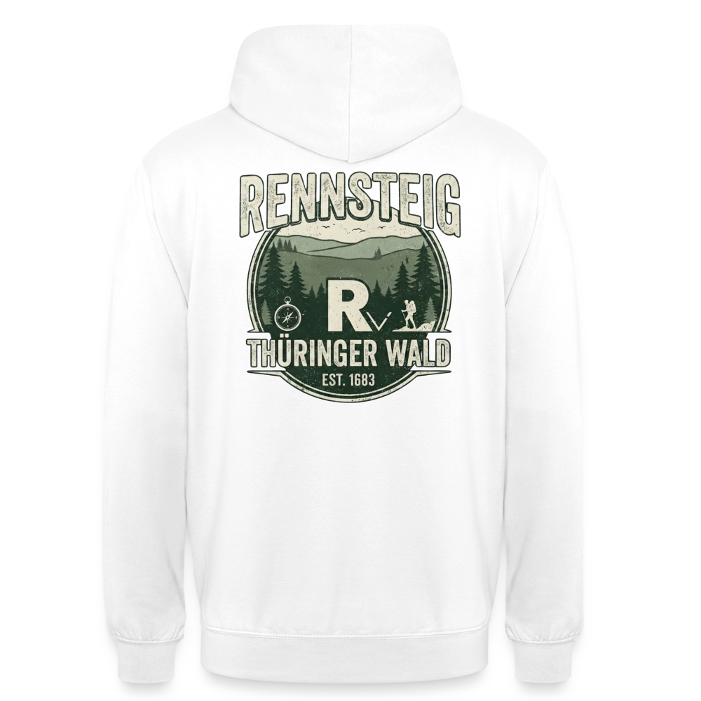 Weißer Unisex-Hoodie mit großem Rückenprint „Rennsteig“ und „Thüringer Wald“