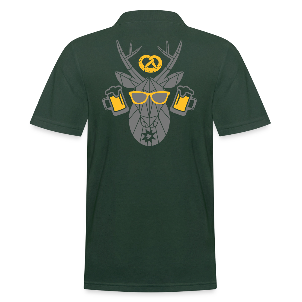 Herren-Poloshirt Tannengrün mit großem Rückenprint, Kurzarm und Knopfleiste.