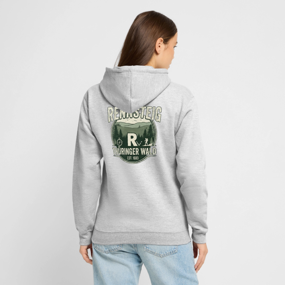 Unisex-Hoodie in Hellgrau meliert mit Kapuze und Rückenprint „REN NSTEIG Thüringer Wald“.