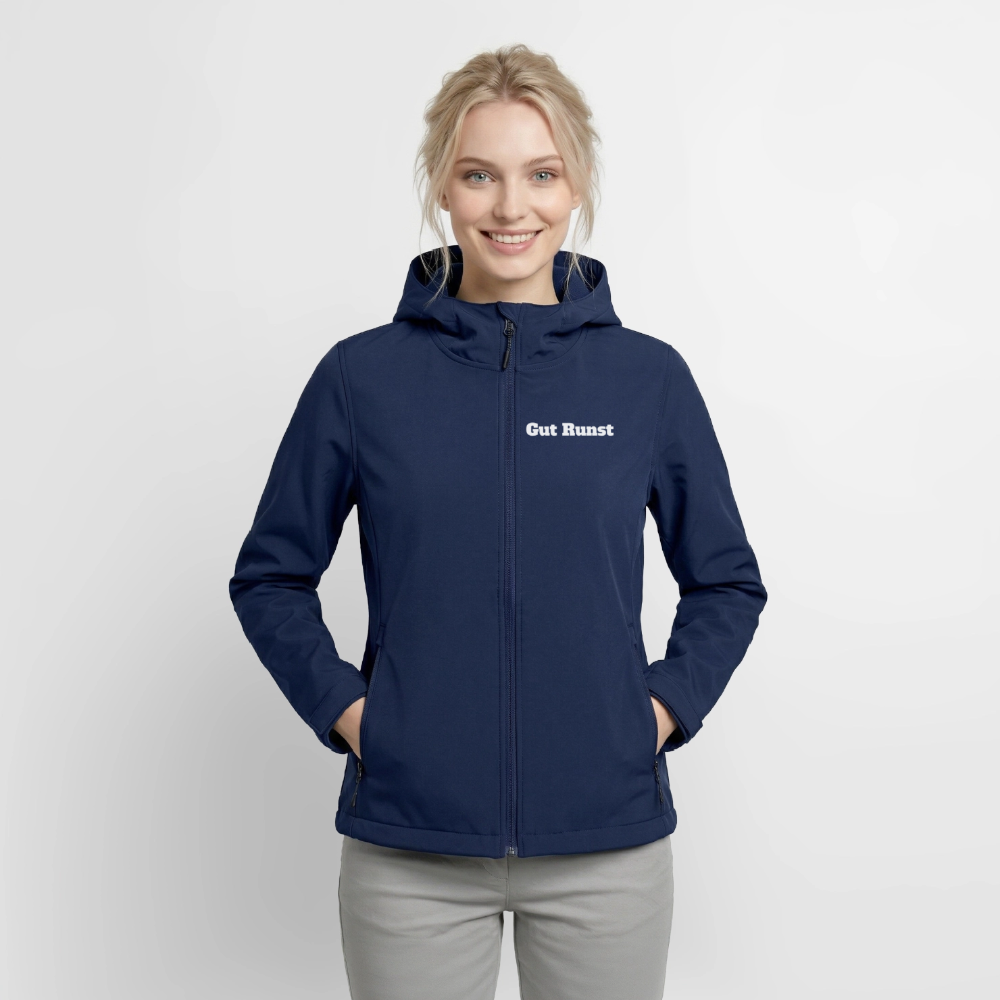 Softshelljacke navy mit Kapuze und Frontzip, Aufdruck „Gut Runst“