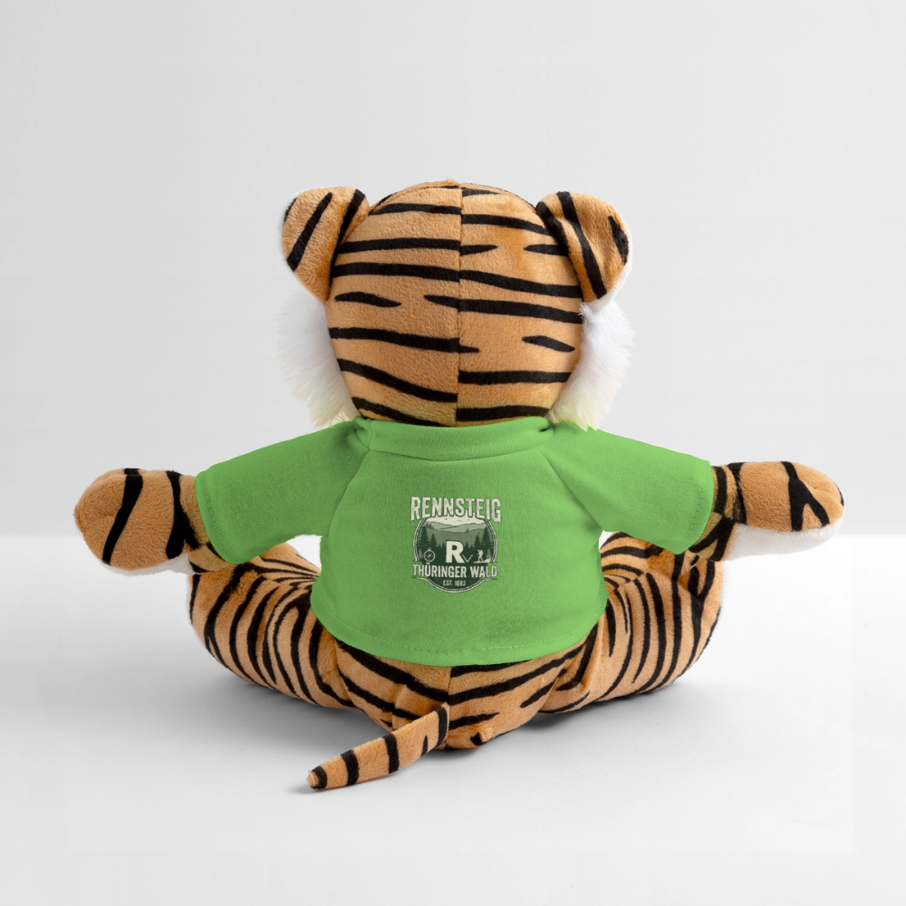Plüschtiger mit grünem T-Shirt und Rennsteig-Schriftzug auf dem Rücken