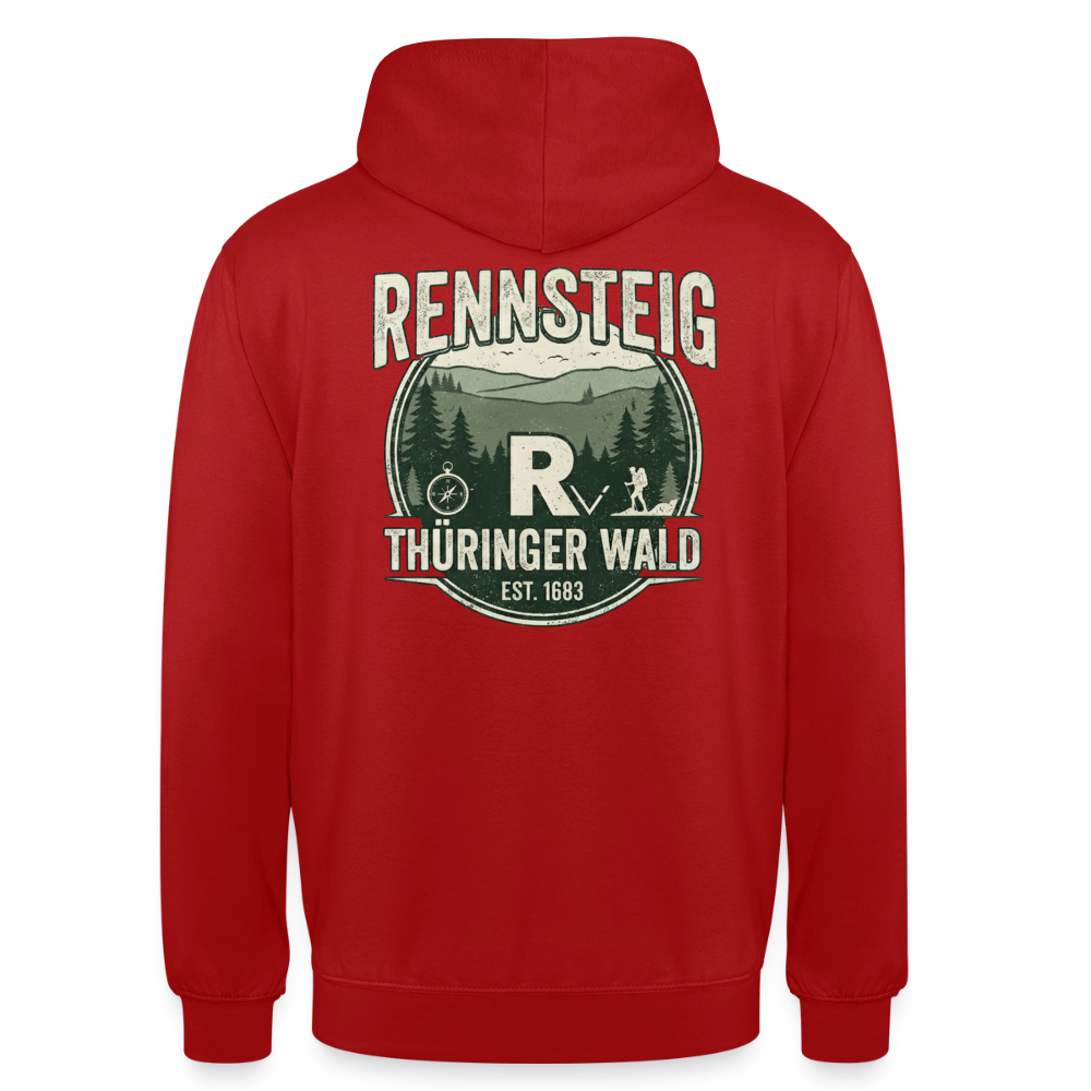 Roter Unisex-Hoodie mit großem Rückenprint „Rennsteig“ und „Thüringer Wald“