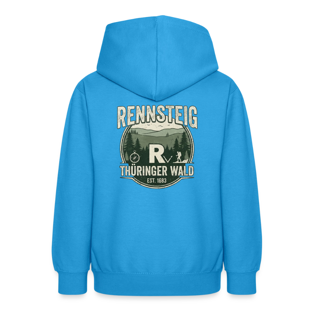 Teenager-Hoodie hellblau mit Rückendruck „Rennsteig Thüringer Wald“, Kapuze