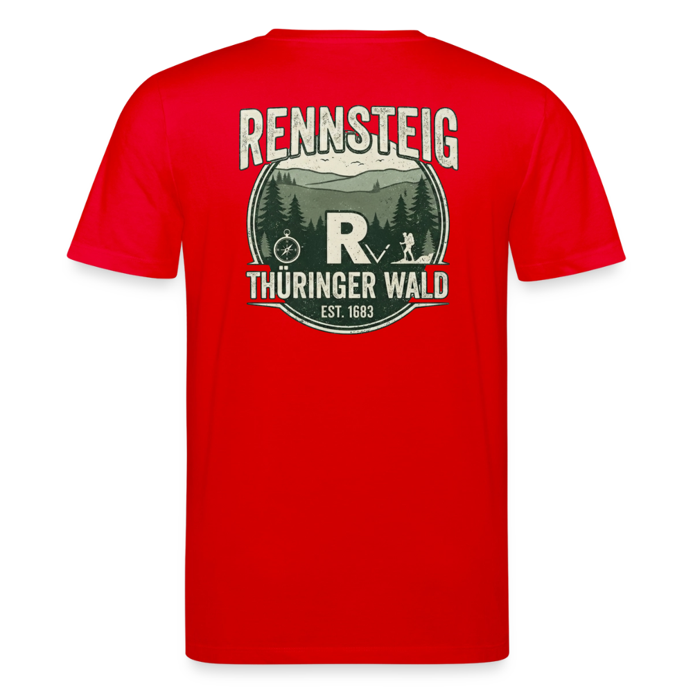 Unisex Bio-T-Shirt, rot, Rückendruck mit „RENNSTEIG THÜRINGER WALD“-Logo