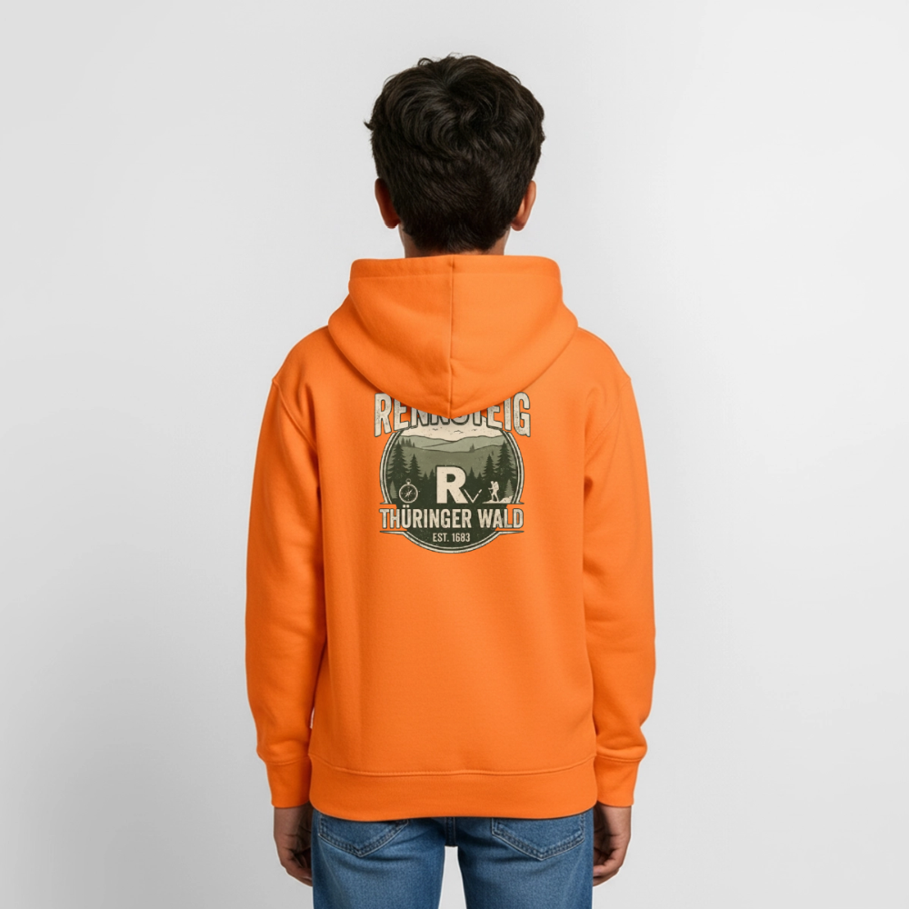 Teenager-Hoodie orange mit Rückendruck „Rennsteig Thüringer Wald“, Kapuze