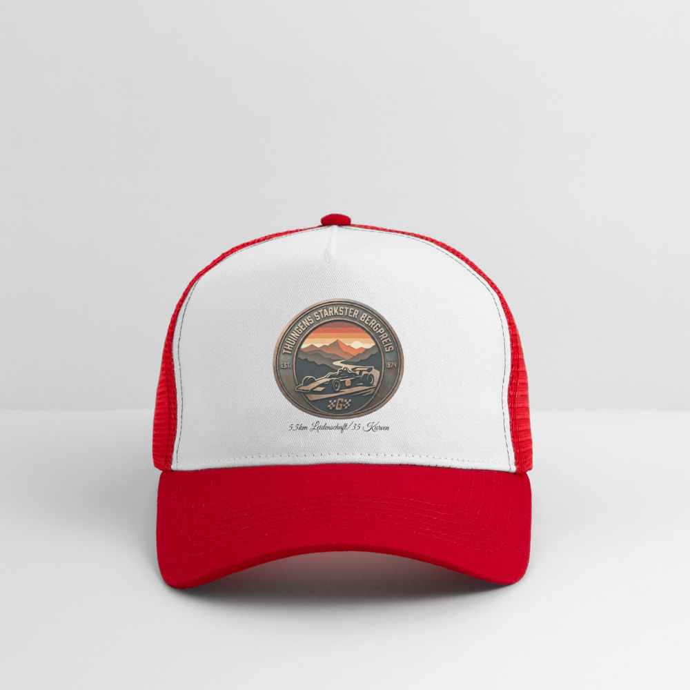 Trucker Cap mit weißer Front und rotem Netz, runder Logo-Plakette