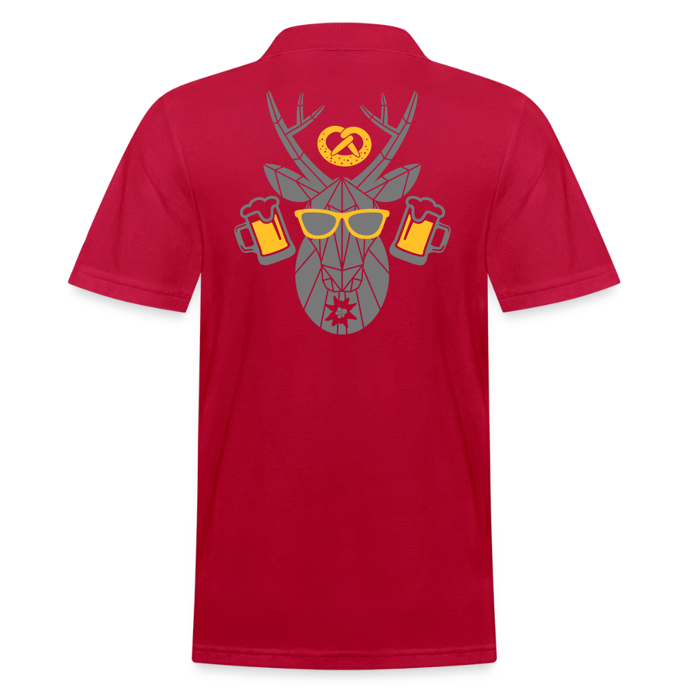 Herren-Poloshirt cherry red mit großem Rückenprint, Kurzarm und Knopfleiste.