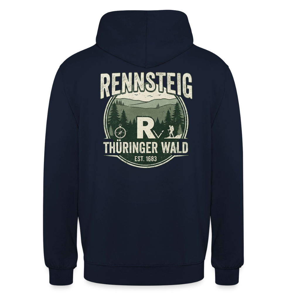 Unisex-Hoodie in Dunkelblau mit Frontschriftzug „Gut Runst“