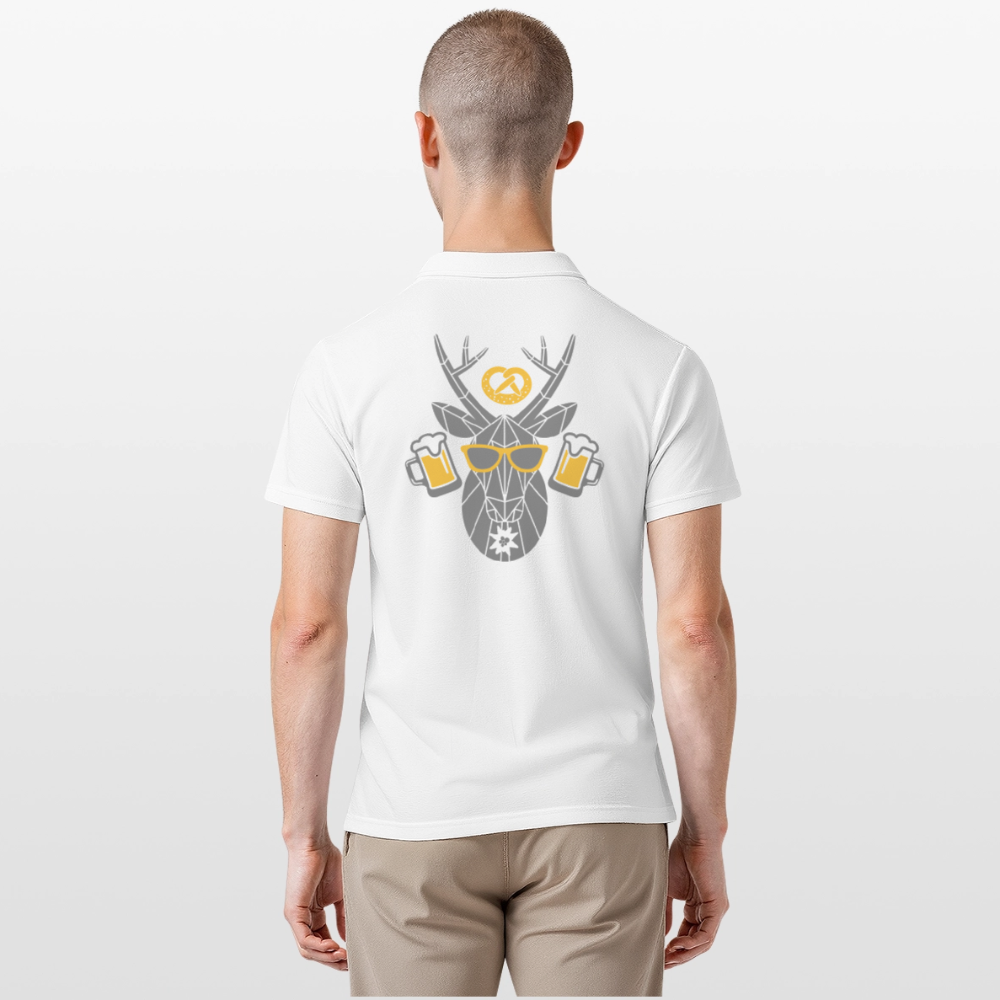 Herren-Poloshirt, weiß, großer Rückenprint mit Tierkopf und Biergläsern