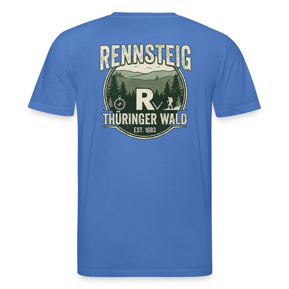 Blaues Bio-T-Shirt mit großem Rennsteig-Logo „Thüringer Wald“ auf dem Rücken