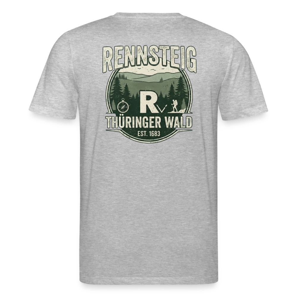Unisex Bio-T-Shirt, hellgrau meliert, Rückendruck mit „RENNSTEIG THÜRINGER WALD“-Logo