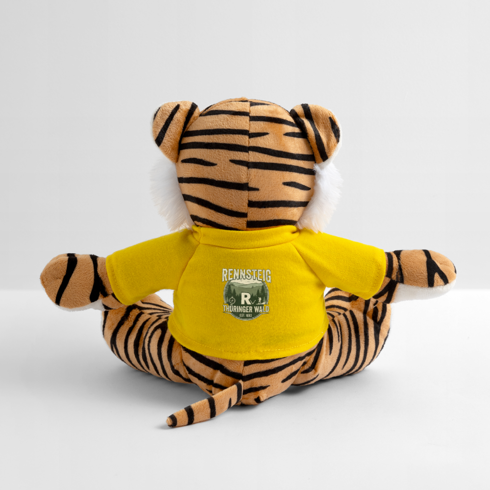 Plüschtiger mit gestreiftem Fell, gelbes Shirt von hinten mit Logo-Aufdruck