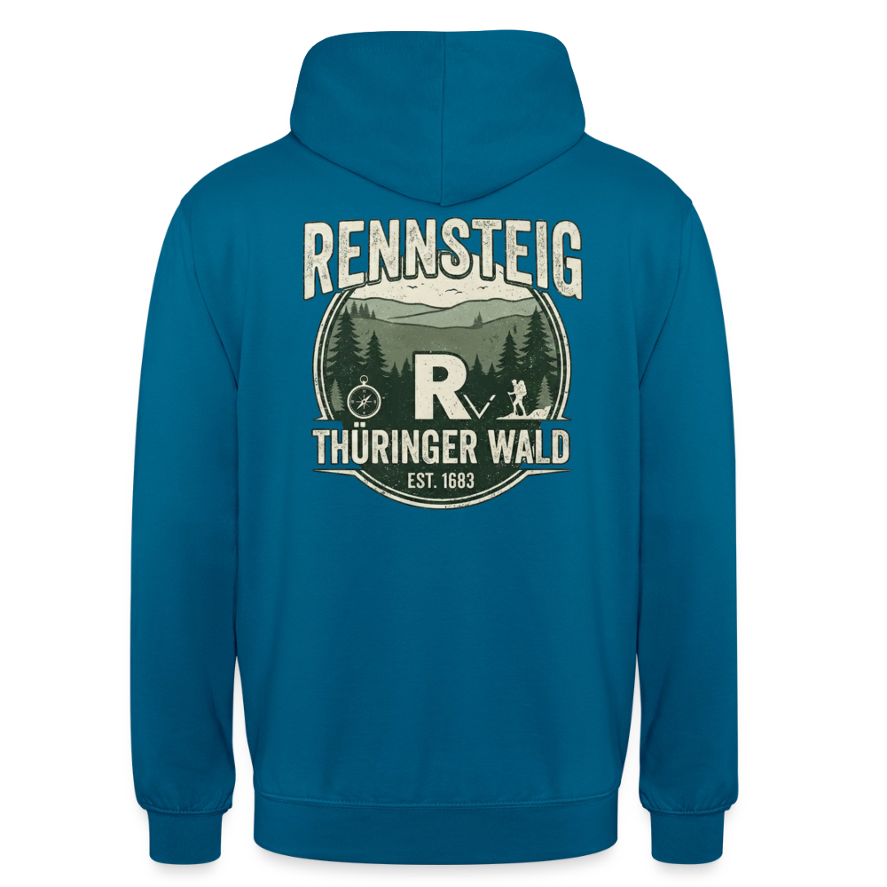 Kapuzenpullover Petrolblau mit großem Rückenlogo „RENNSTEIG THÜRINGER WALD“