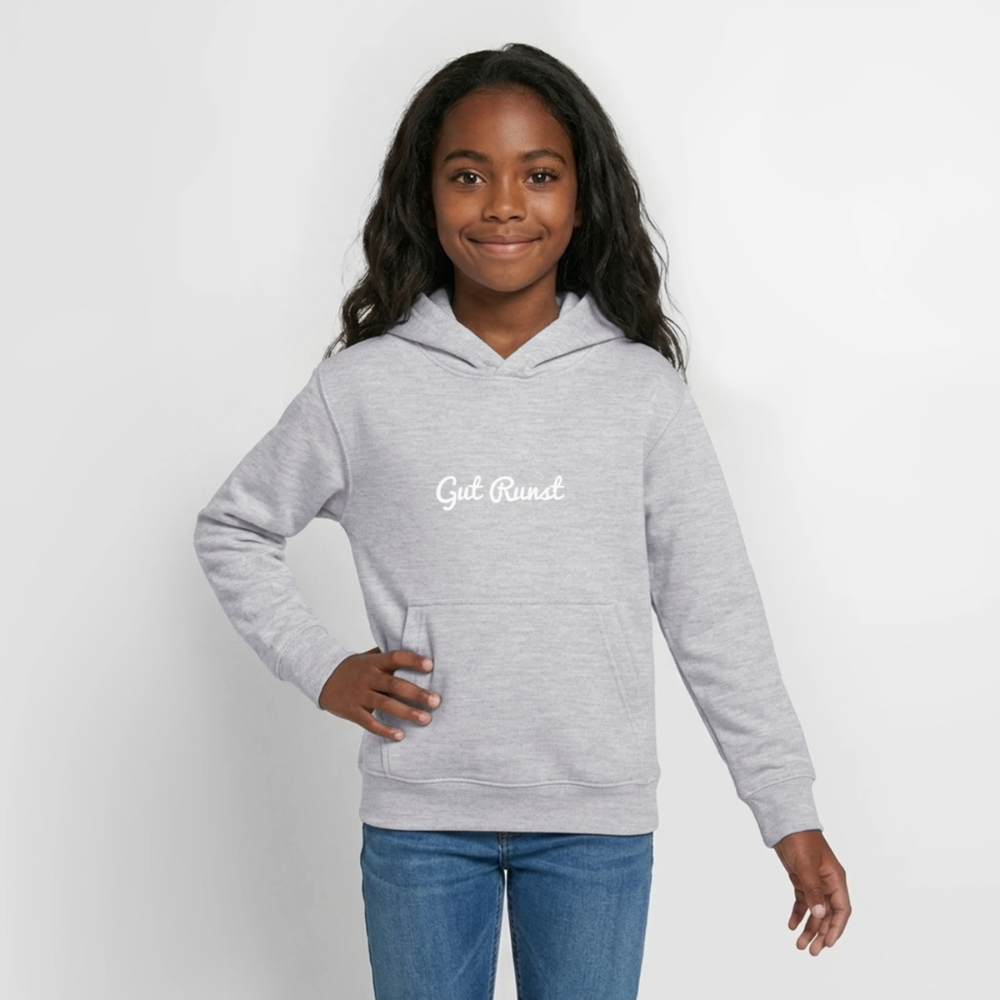 Grau melierter Teenager-Hoodie mit Kapuze und Fronttasche, Schrift „Gut Runst“