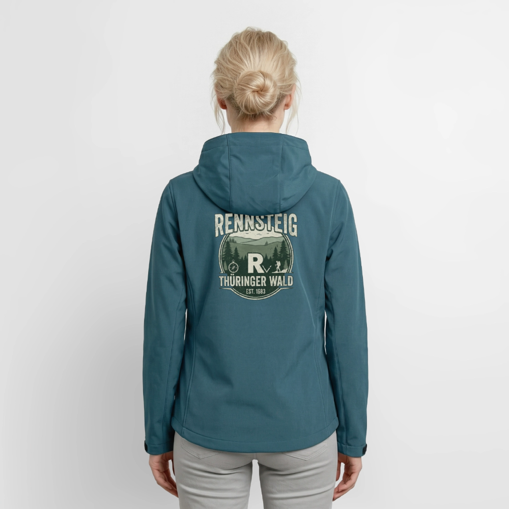 Damen-Softshelljacke dunkelpetrol, Rückseite mit RENNSTEIG-Logo, Kapuze