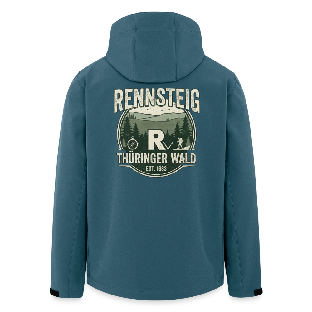 Herren-Softshelljacke mit Kapuze, dunkelpetrol, durchgehendem Reißverschluss und Rückdruck