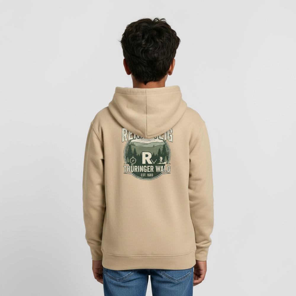 Teenager-Hoodie in Beige von hinten mit Kapuze und „RENNSTEIG THÜRINGER WALD“-Logo.