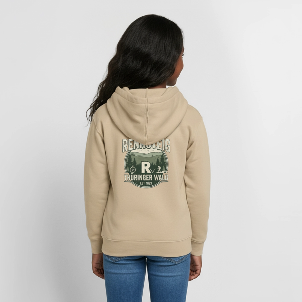 Teenager-Hoodie in Beige von hinten, Kapuze mit „RENNSTEIG THÜRINGER WALD“-Logo.