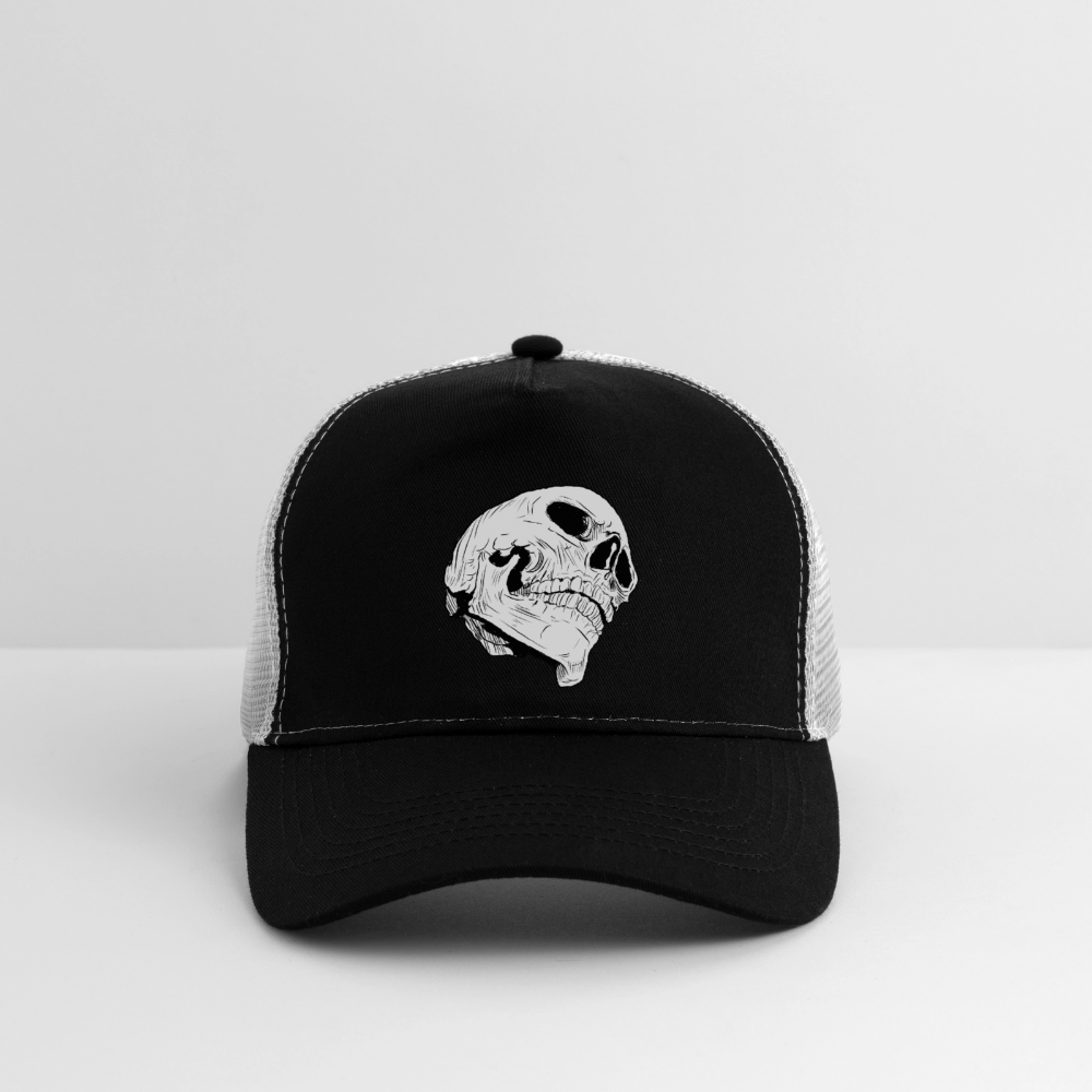 Schwarze Trucker-Cap mit Tierkopf-Logo und grauem Mesh-Rückenteil