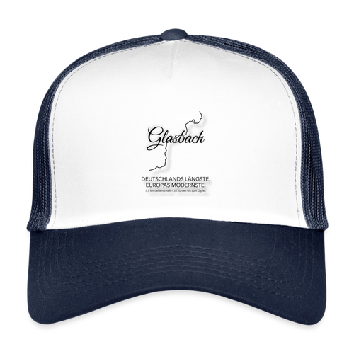 Kinder-Trucker-Cap in Weiß und Dunkelblau mit Glashbach-Logo auf der Front