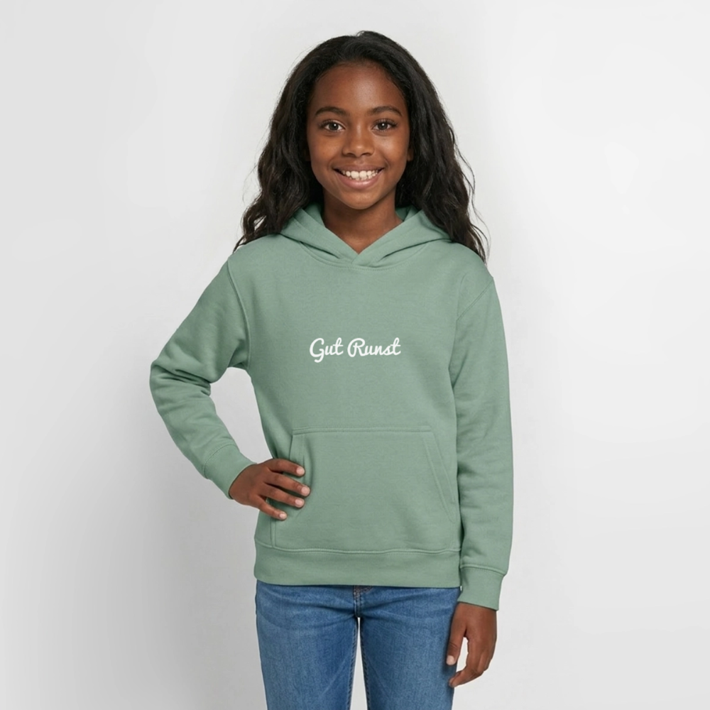 Teenager-Hoodie in Salbeigrün mit „Gut Runst“-Print vorn, Kängurutasche und Kapuze