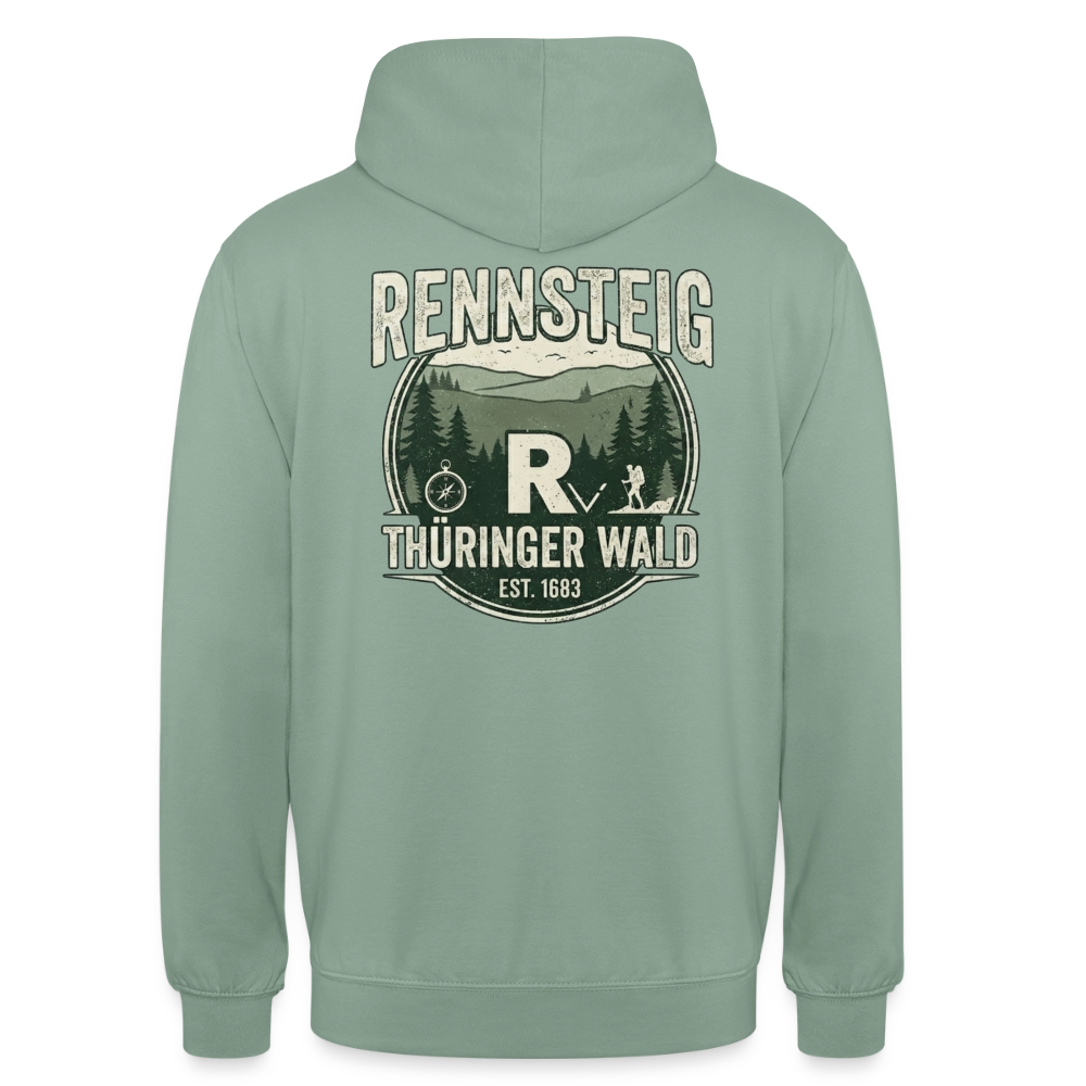 Unisex-Hoodie in Mintgrün mit großem Rennsteig-Print auf der Rückseite