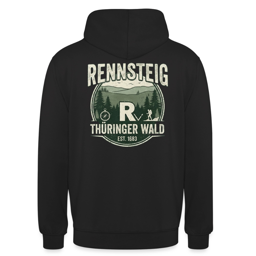 Schwarzer Unisex-Hoodie mit großem Rückenprint „Rennsteig“ und „Thüringer Wald“