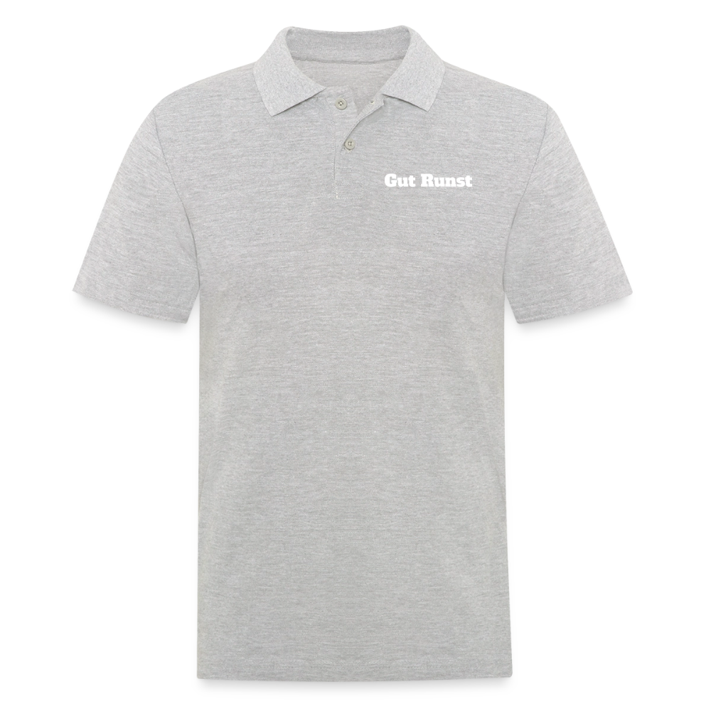 Graues Herren-Poloshirt mit kleinem Brustprint „Gut Runst“ und 2-Knopfleiste