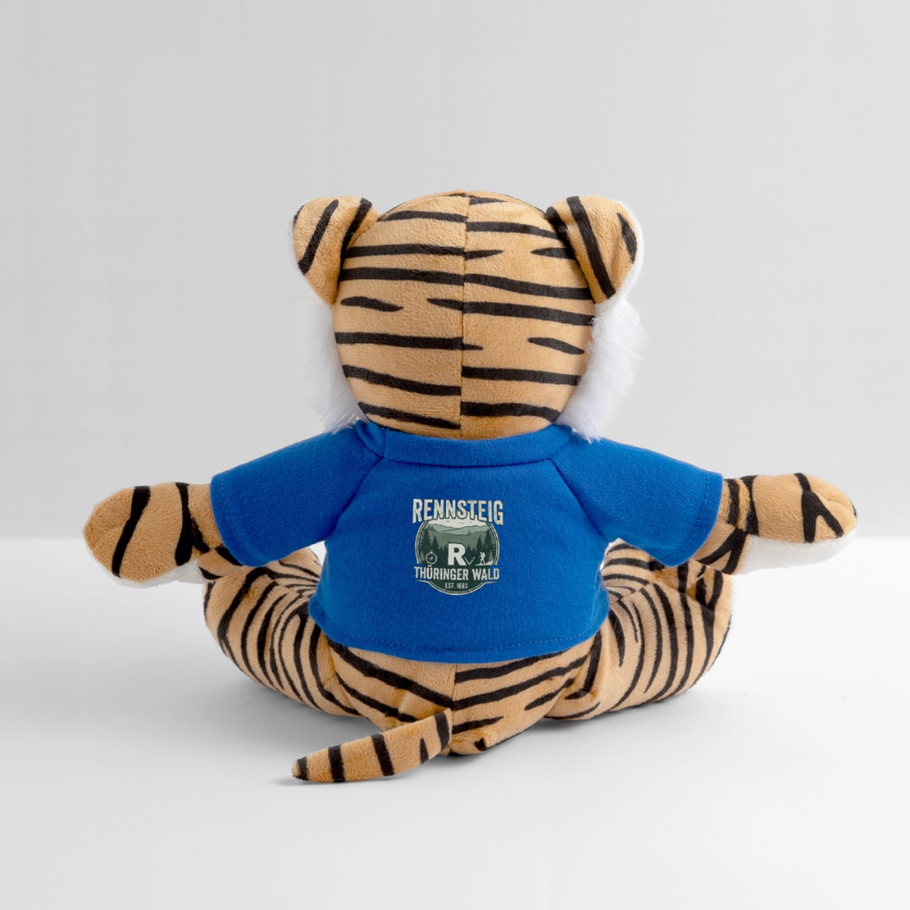 Plüschtiger mit blauem T-Shirt und Rennsteig-Schriftzug auf dem Rücken