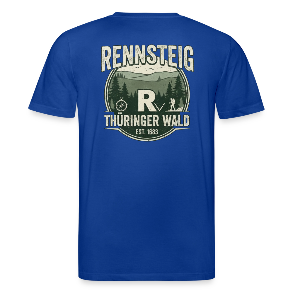 Unisex Bio-T-Shirt in Blau mit großem Rennsteig-Emblem auf dem Rücken