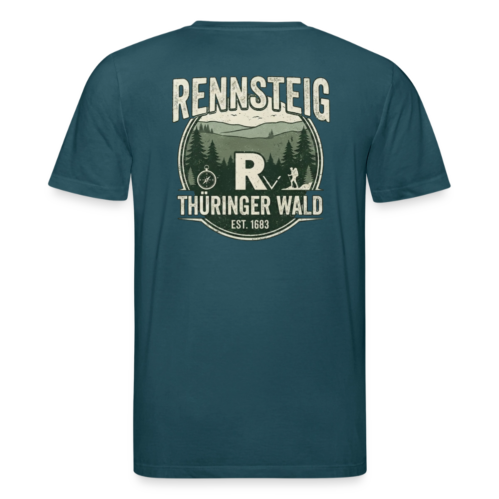 Dunkelblaugrünes Bio-T-Shirt mit großem Rennsteig-Logo „Thüringer Wald“ auf dem Rücken