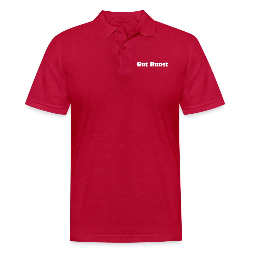 Herren-Poloshirt cherry red mit Kurzarm, Knopfleiste und Brustlogo „Gut Runst“.
