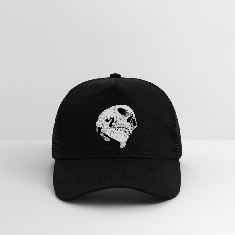 Trucker-Kappe, schwarzes Vorderteil und schwarze Netzrückseite mit Schädelmotiv
