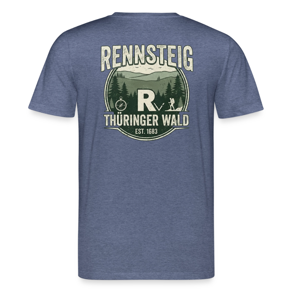 Unisex Bio-T-Shirt in Blau meliert mit großem Rennsteig-Emblem auf dem Rücken