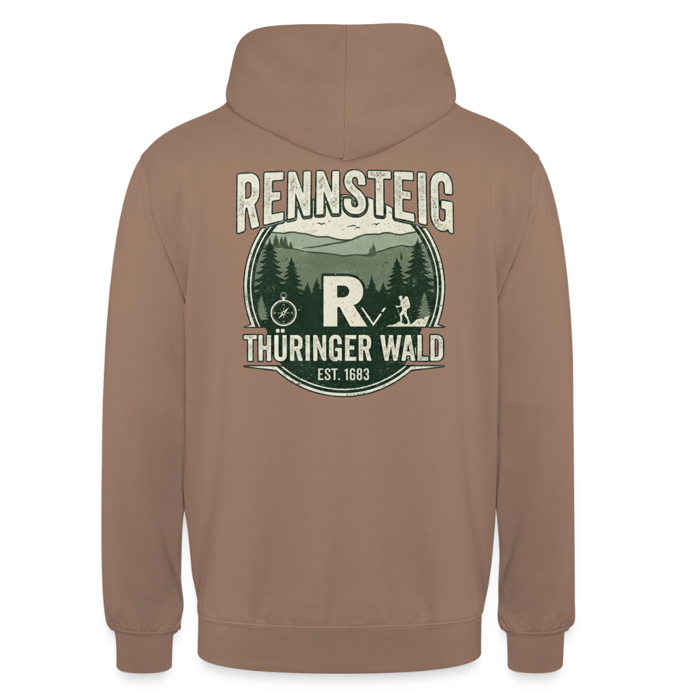 Unisex-Hoodie in Braun mit großem Rennsteig-Print auf der Rückseite