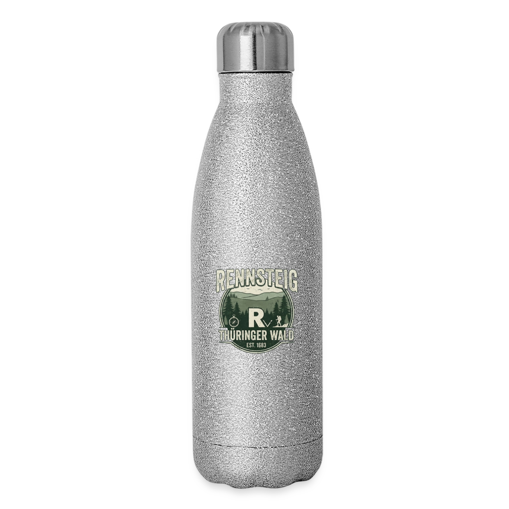 Glitzer-Isolierflasche 500 ml in silbernem Glitzer, Vorderansicht mit Metallverschluss