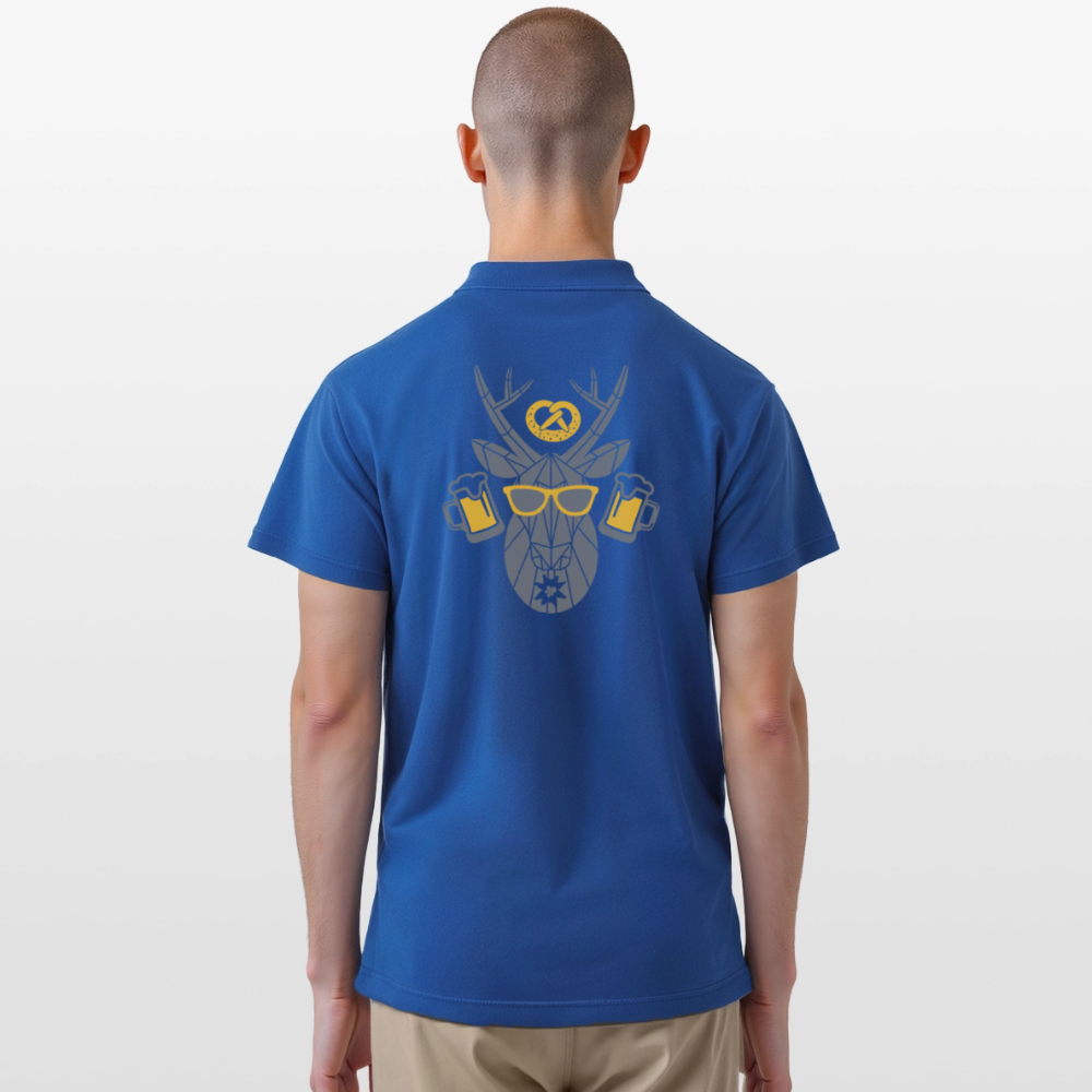 Blaues Herren-Poloshirt mit Rückenprint, sichtbarem Kragen und Knopfleiste