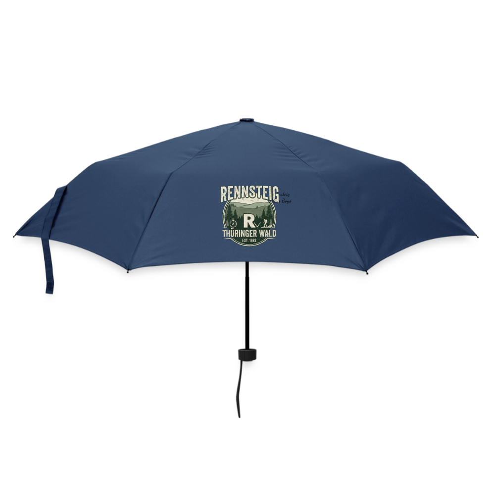 Kleiner Regenschirm dunkelblau, Ansicht von oben mit Rennsteig-Logo und Aufdruck