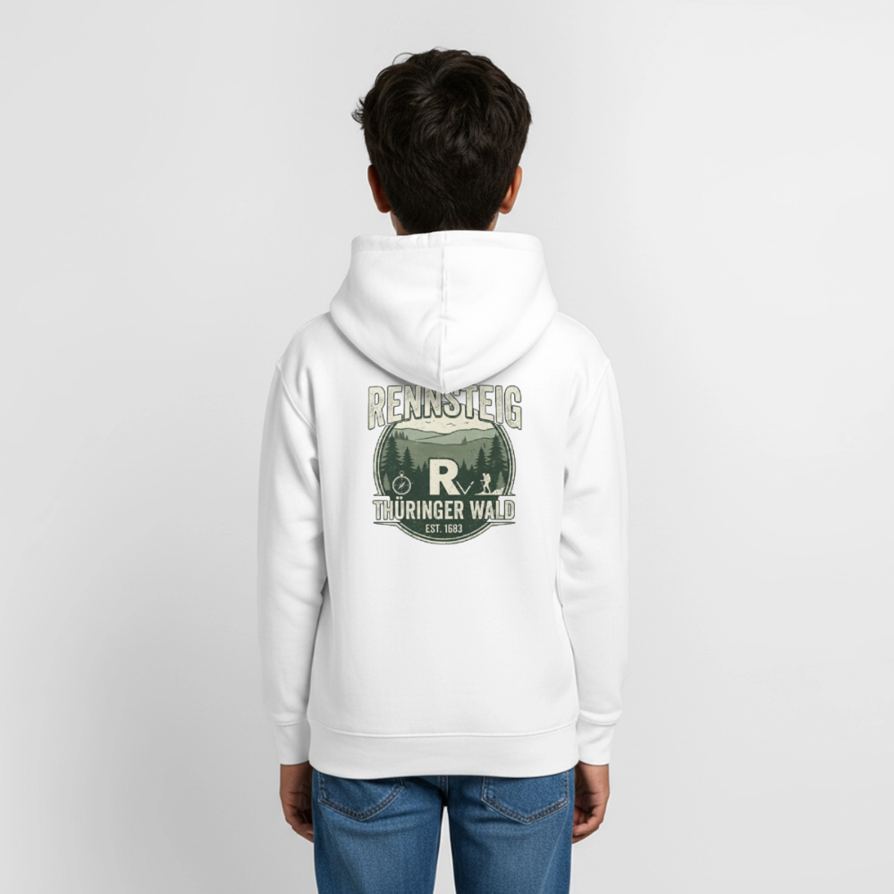Teenager-Hoodie in Weiß mit Kapuze und großem Rückenprint Rennsteig Thüringer Wald.